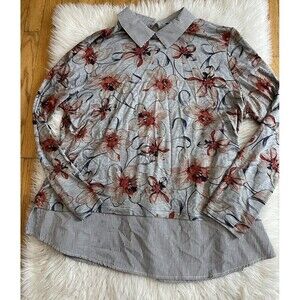 Zac & Rachel Size XL Gray Striped Floral Collar Blouse Top